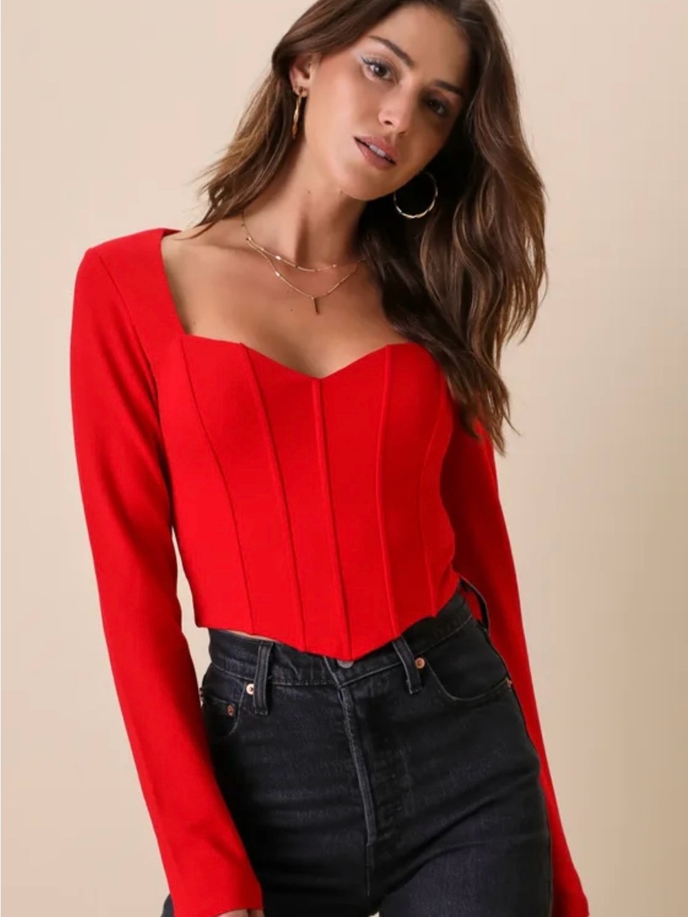 Lulus women’s sz Small Red Long-Sleeve Corset Crop Top sweetheart NWT v front